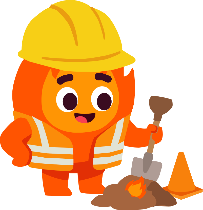 Fuego the flame mascot holding a repair tool