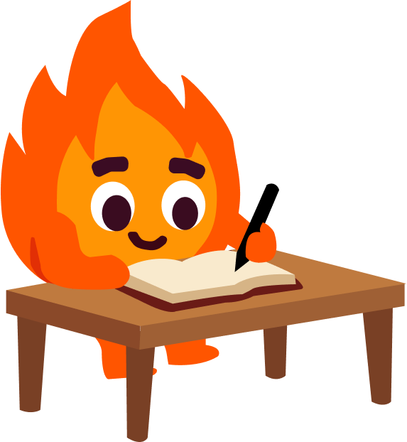 Fuego the flame mascot writing at a desk
